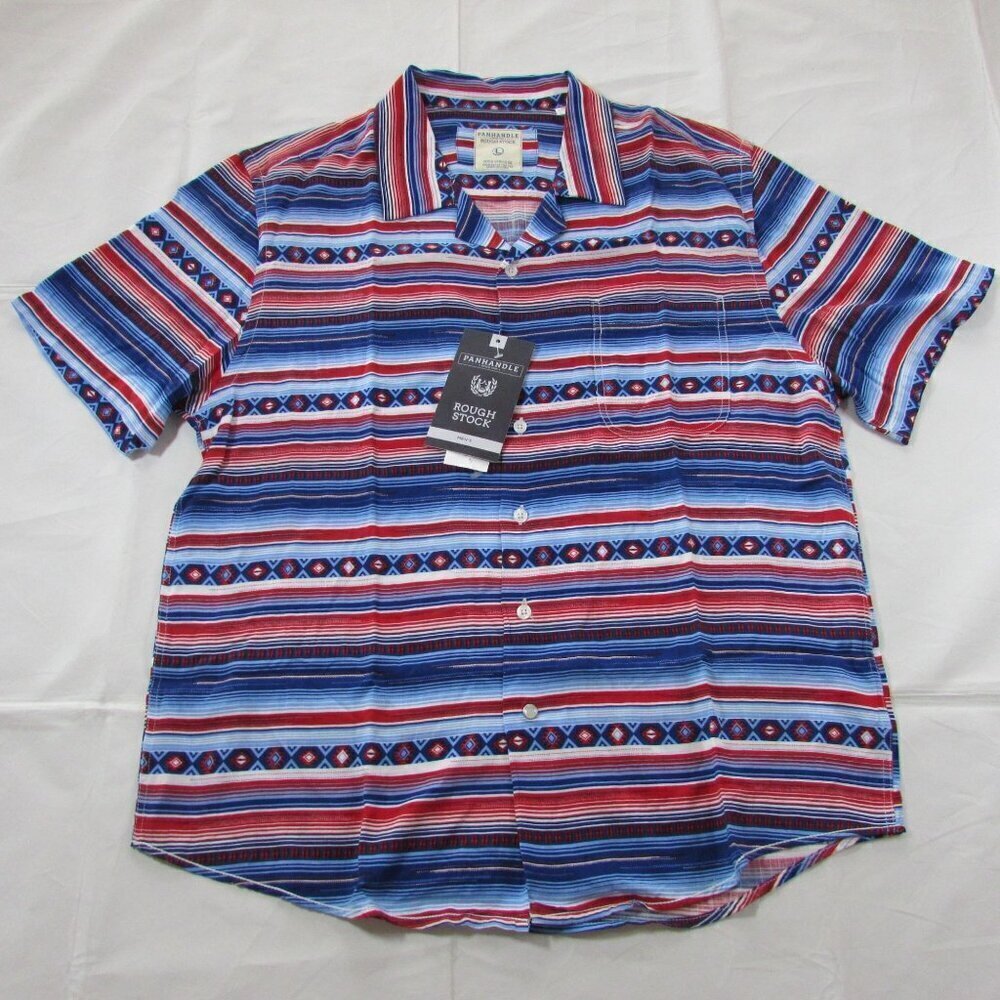 Panhandle Rough Stock Men's LG Short Sleeve Stripe Print Button Shirt Red/Blue/W